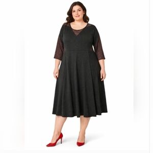 Suzanne Betro Fit N Flare Midi Dress Charcoal Knit Flowy Skirt Lace Trim Size 2X